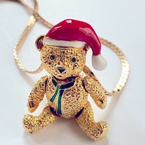 Christmas Bear movable brooch pendant gold tone enamel rheistones pin vintage